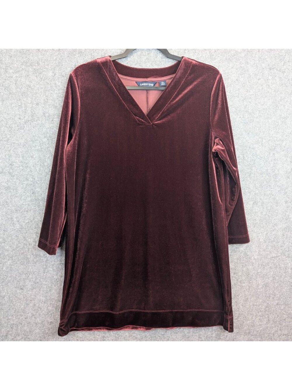 Lands End Burgundy Velvet Tunic Dress V-Neck Size Medium 10-12 Long Sleeve
